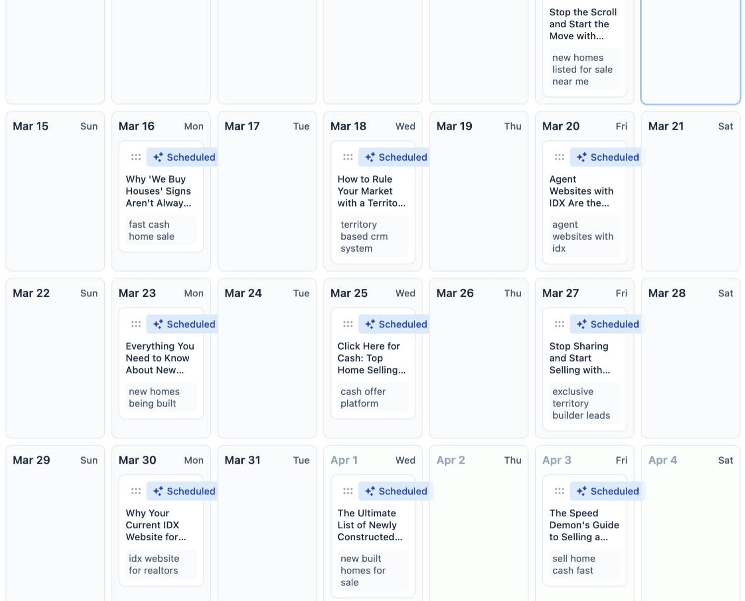 Smart Agent SEO Marketing Calendar - Schedule and review content a month in advance