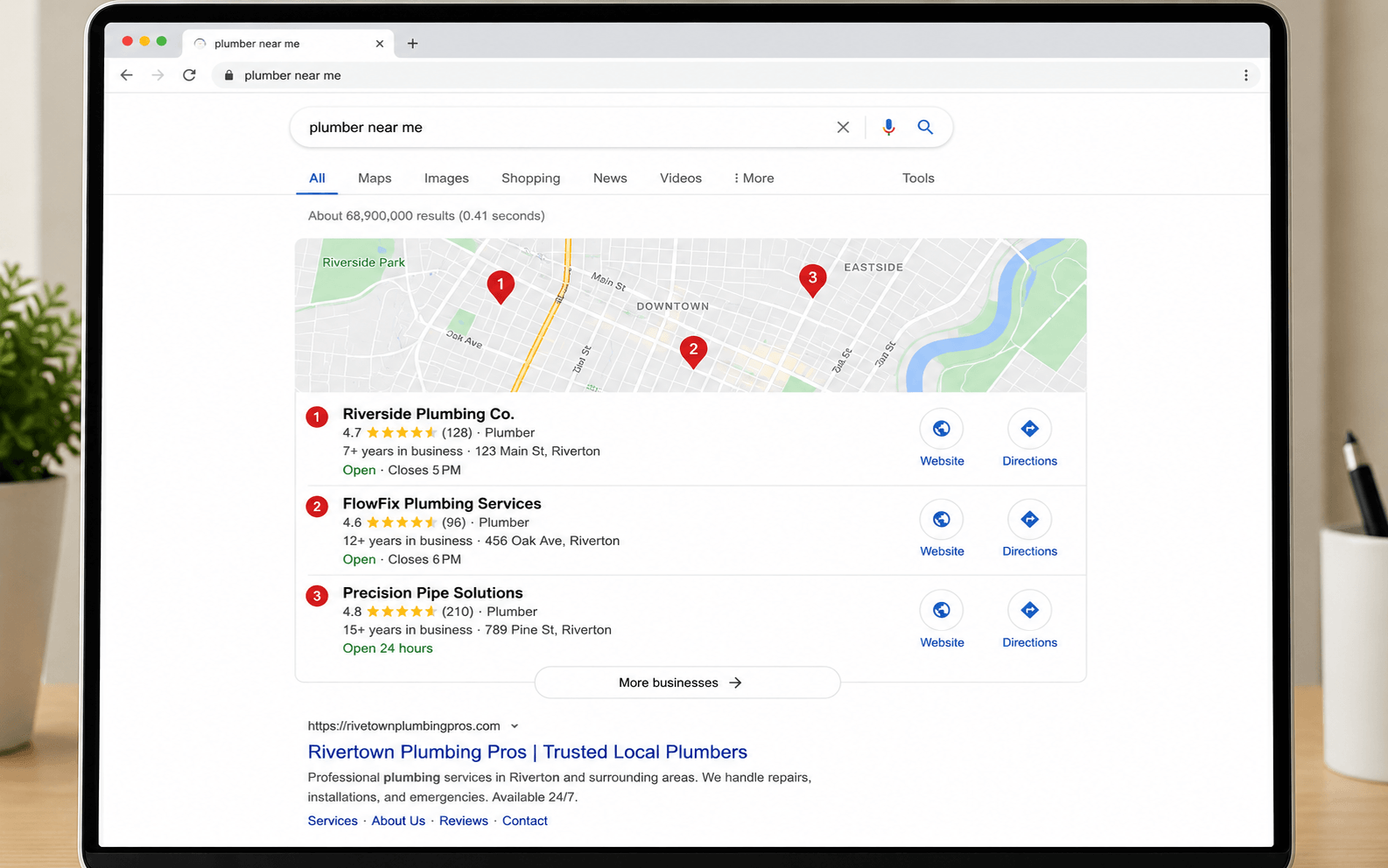 Google map pack showing three local businesses above regular search results