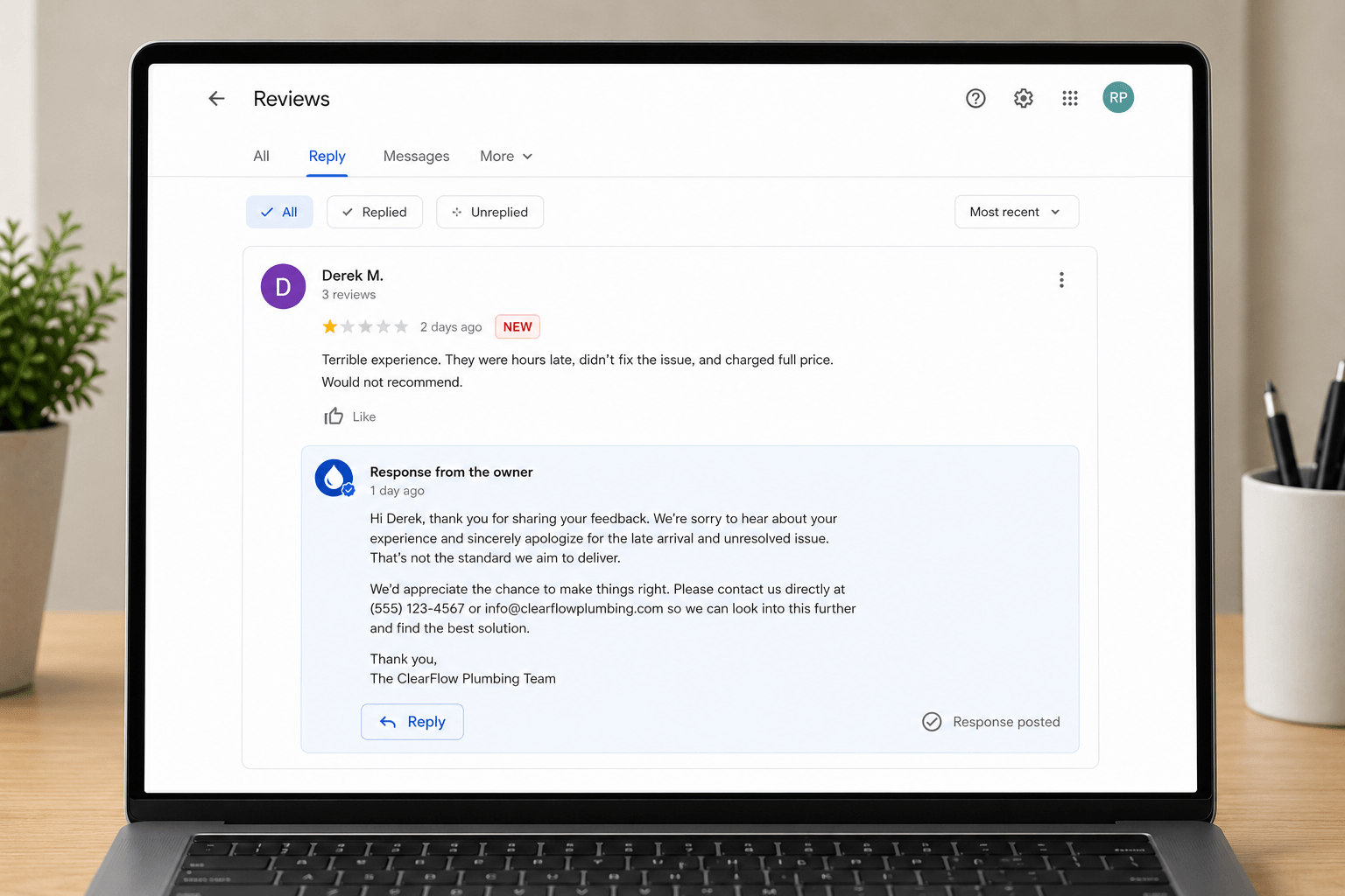 A business owner's professional reply to a negative Google review
