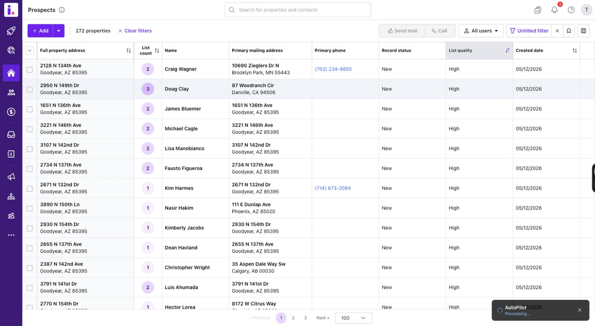 MarketIQ portal showing homeowner data, selling signals, and market intelligence for a target area