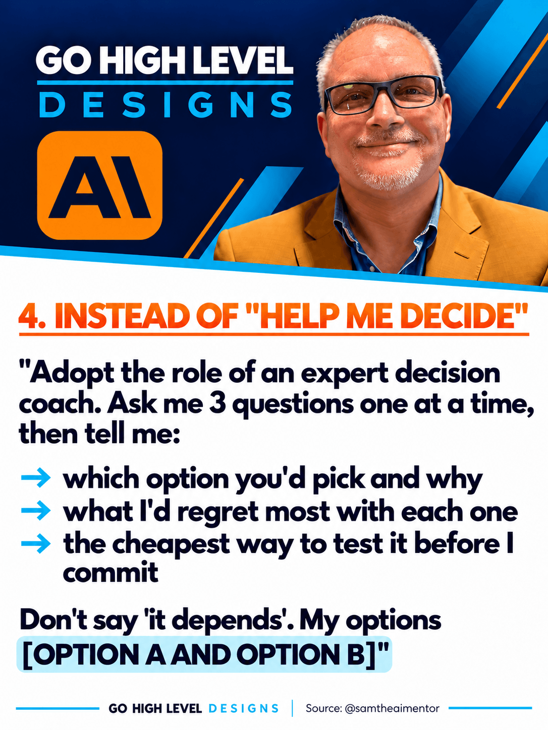 Claude prompt card 4 — what to say instead of 'help me decide': adopt the role of an expert decision coach