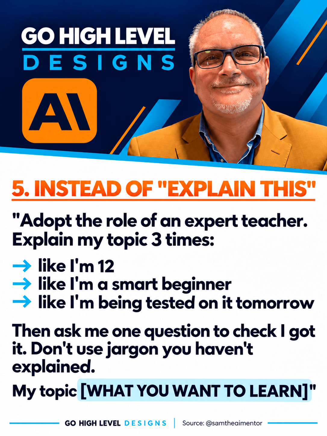 Claude prompt card 5 — what to say instead of 'explain this': adopt the role of an expert teacher