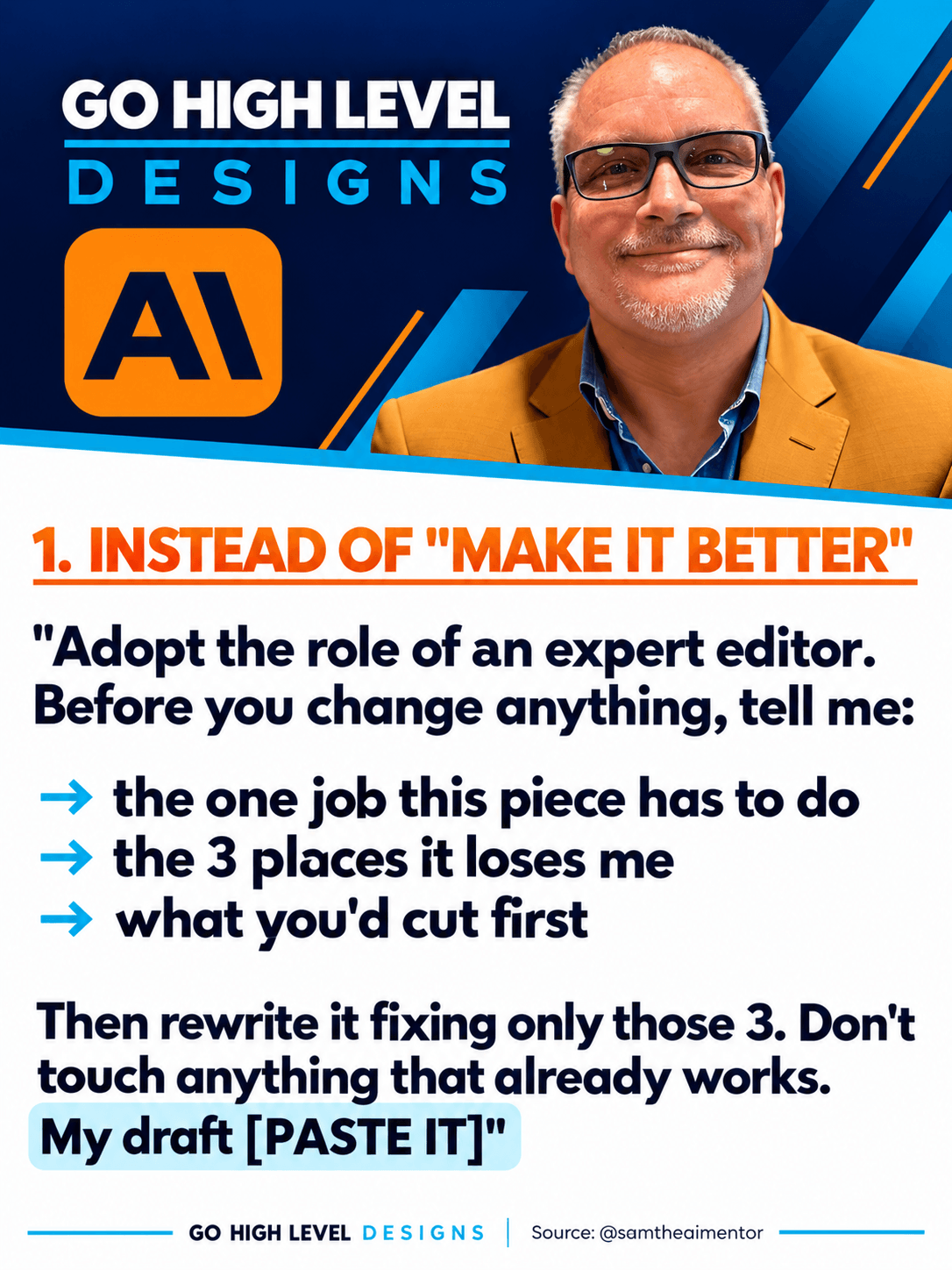 Claude prompt card 1 — what to say instead of 'make it better': adopt the role of an expert editor
