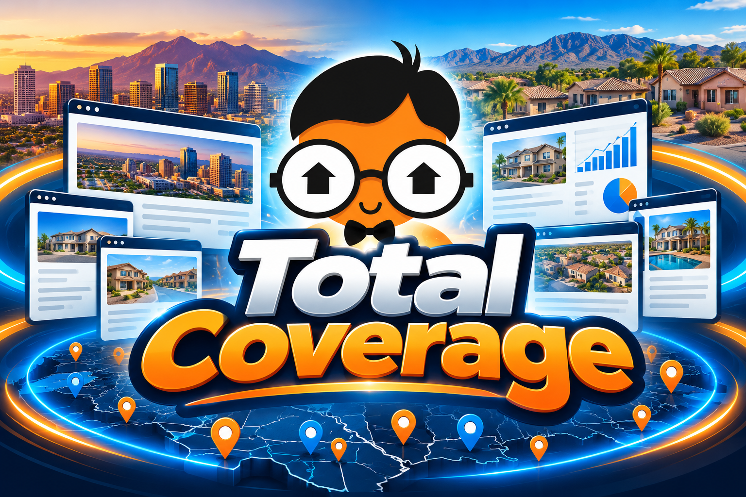 Total Coverage — area pages, market reports, and map pins covering an entire city