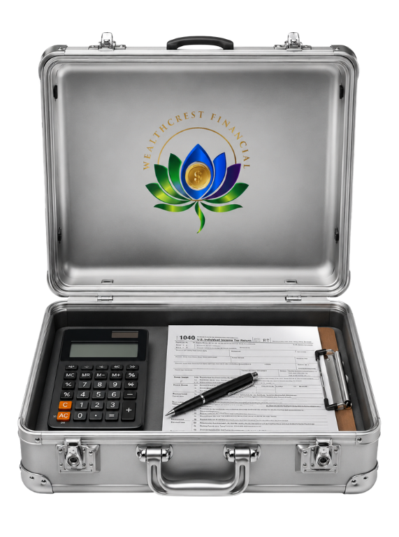 WealthCrest Financial briefcase with tax documents, calculator and pen