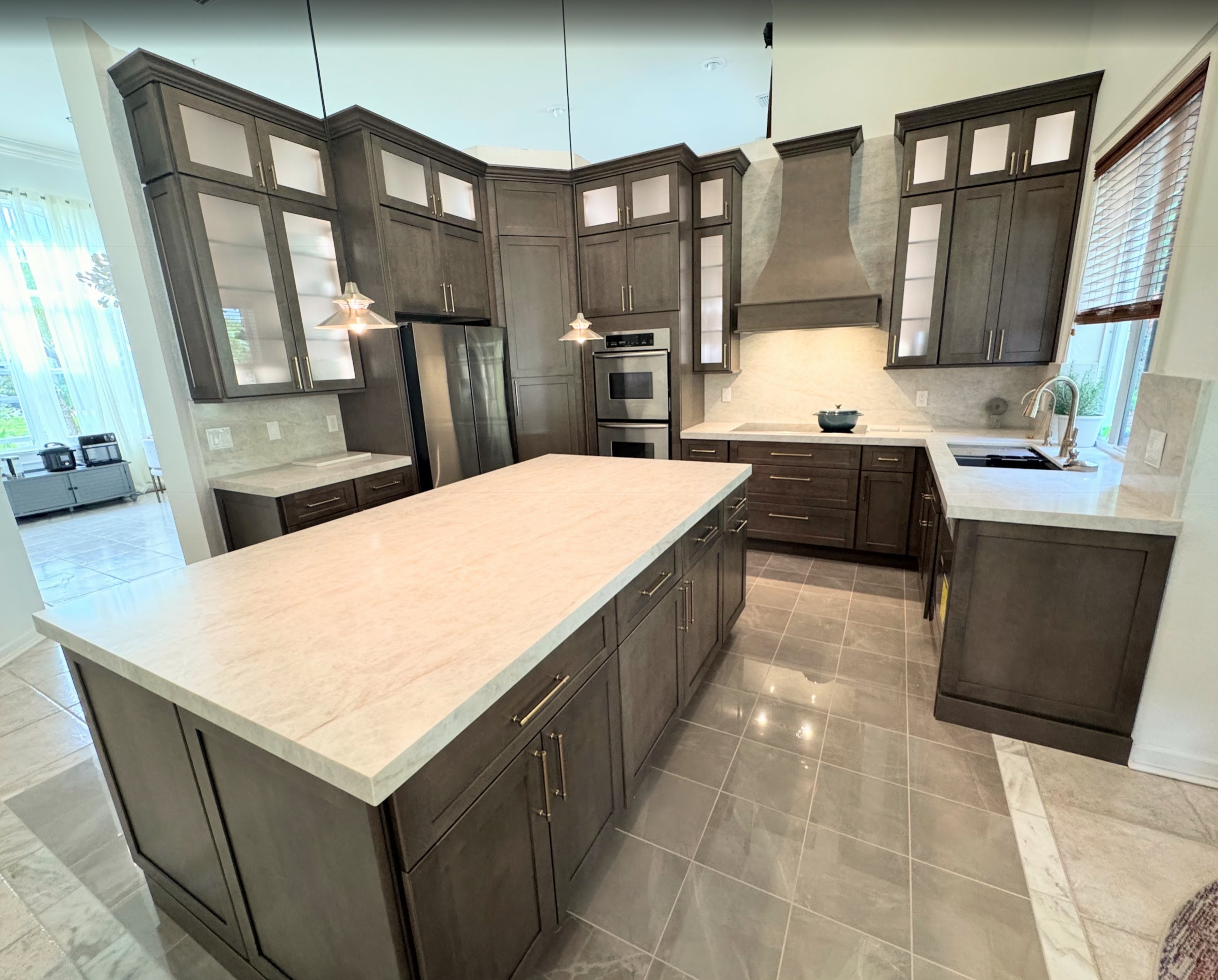 Quartz backsplash in kitchen