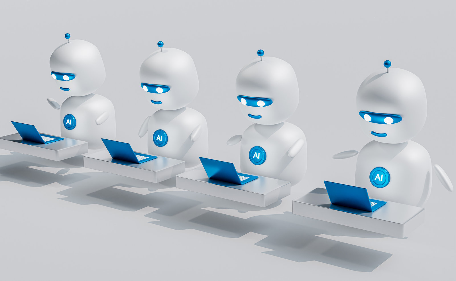 Graphic of AI Chat Robots with Laptops