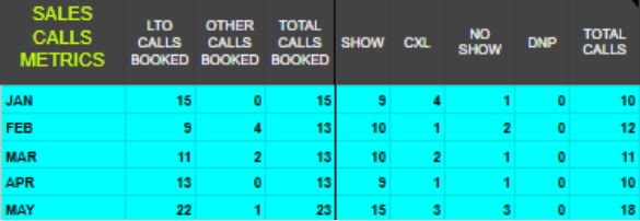 Monthly sales call tracking for a health and wellness business showing high-ticket calls booked consistently from Meta ads each month