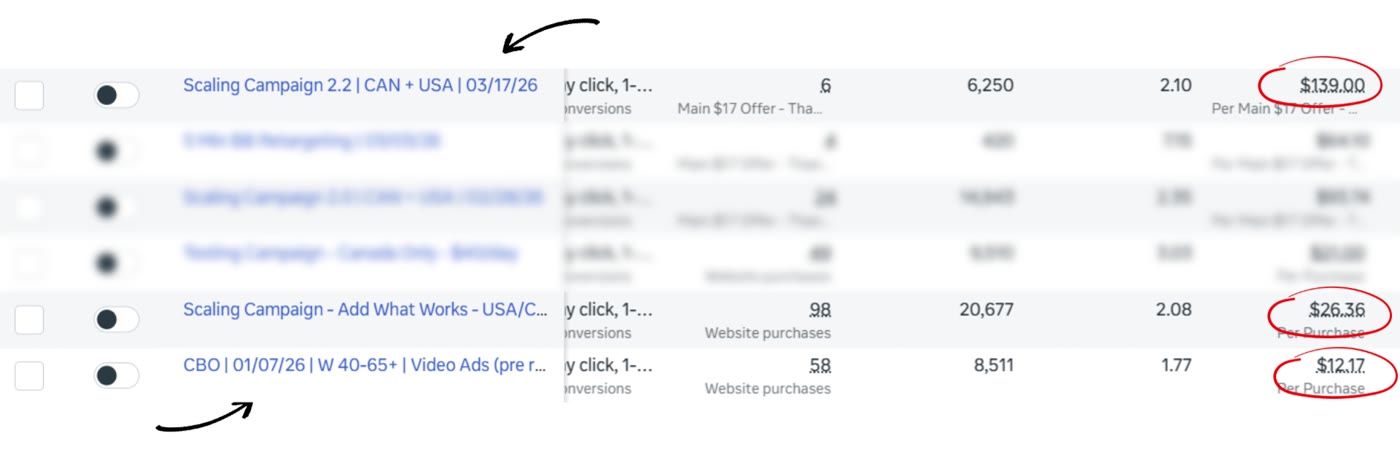 Meta Ads Manager screenshot showing Facebook ad campaign cost per purchase before and after rebuilding campaign strategy for a small business client