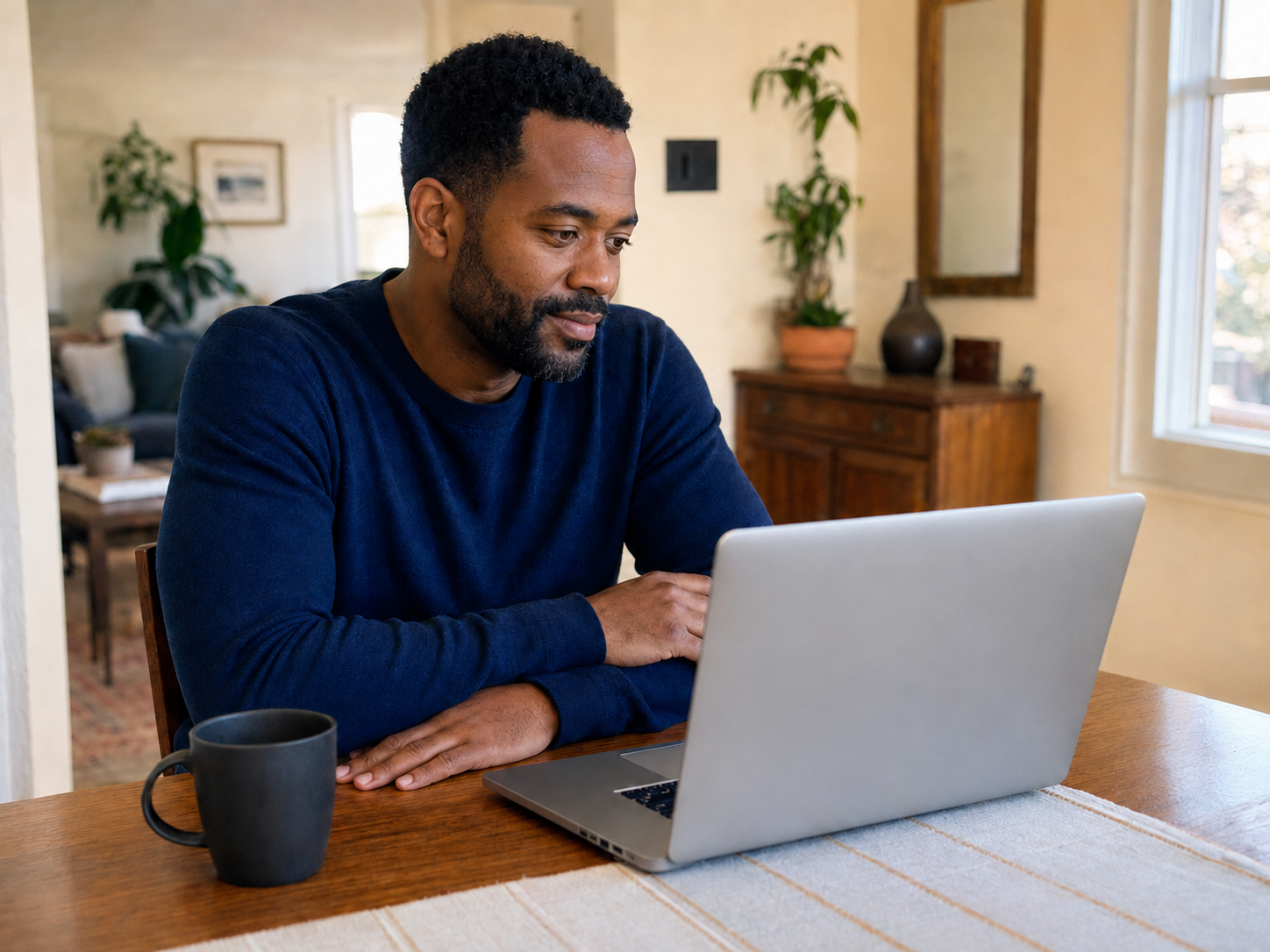 A prospective buyer reviewing his situation on a laptop with a plain exterior cover