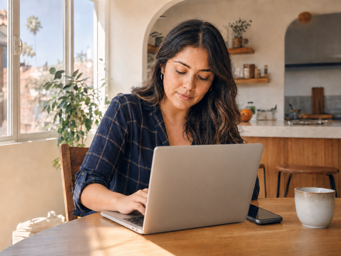 A prospective buyer researching her next step on a laptop with a plain exterior cover