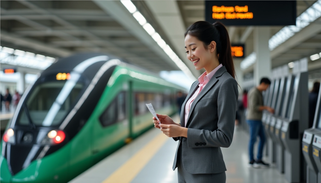 Young professional on the platform beside the fast train