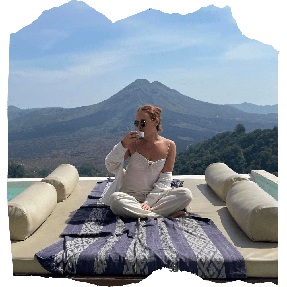 Nutritionist in front of volcano