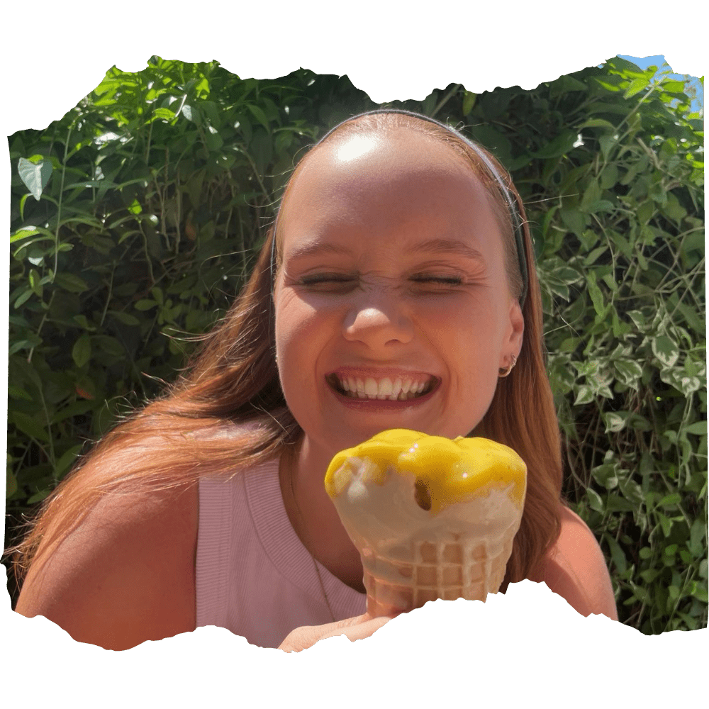 Binge eating specialist smiling with an ice cream in hand