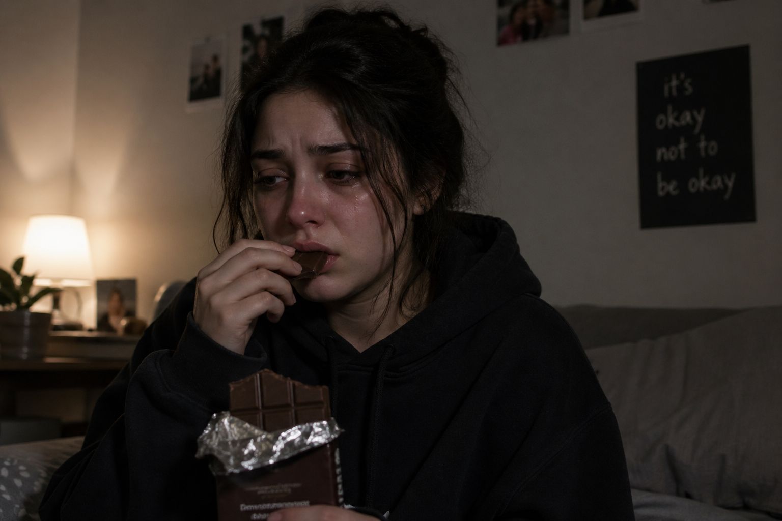 Sad woman overeating chocolate