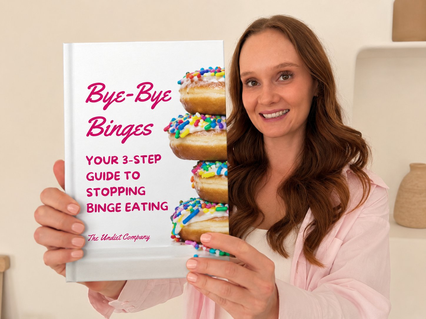 Mikaela holding the free Bye-Bye Binges eBook