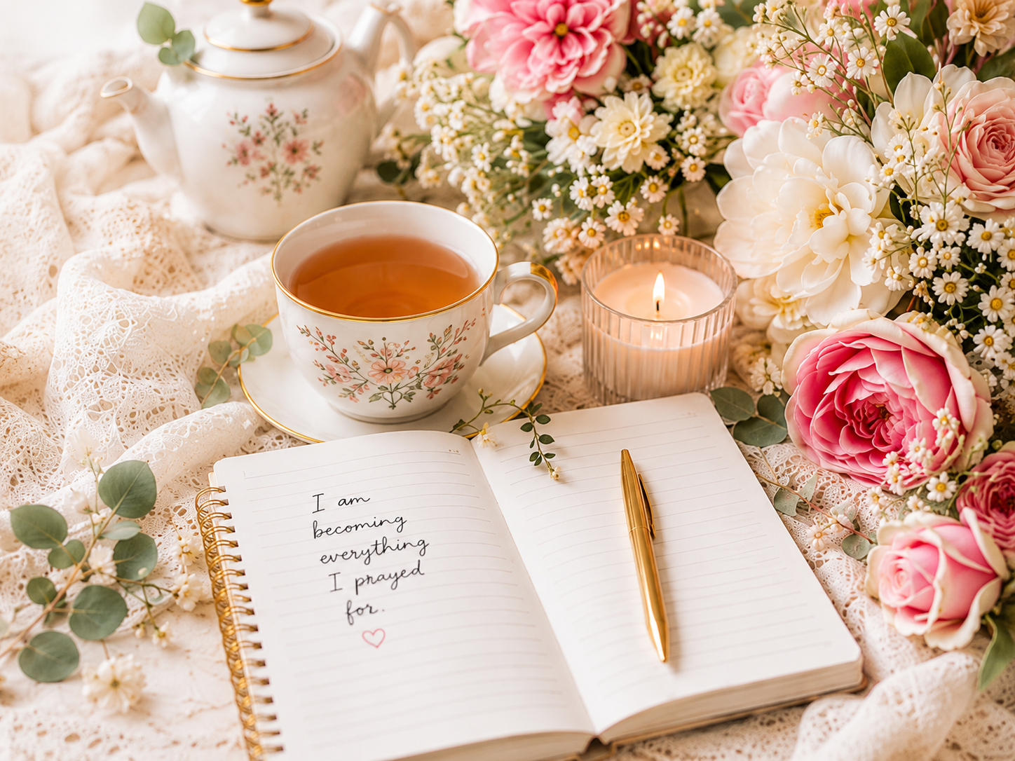 Journal, flowers, candle, and tea