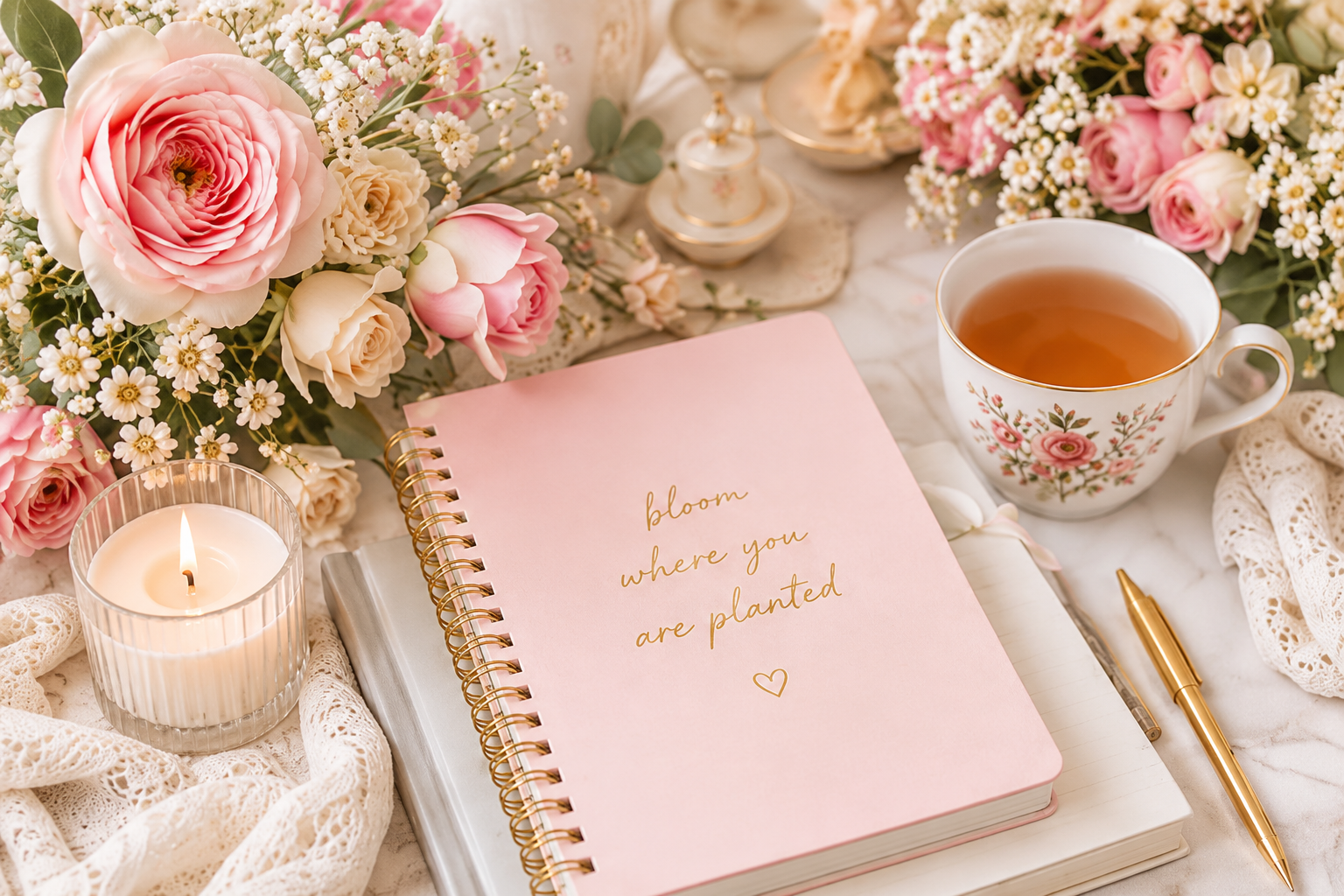 Pink journal with flowers and candle