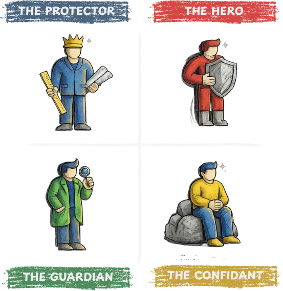 Four reconciliation archetypes — The Protector, The Hero, The Guardian, The Confidant