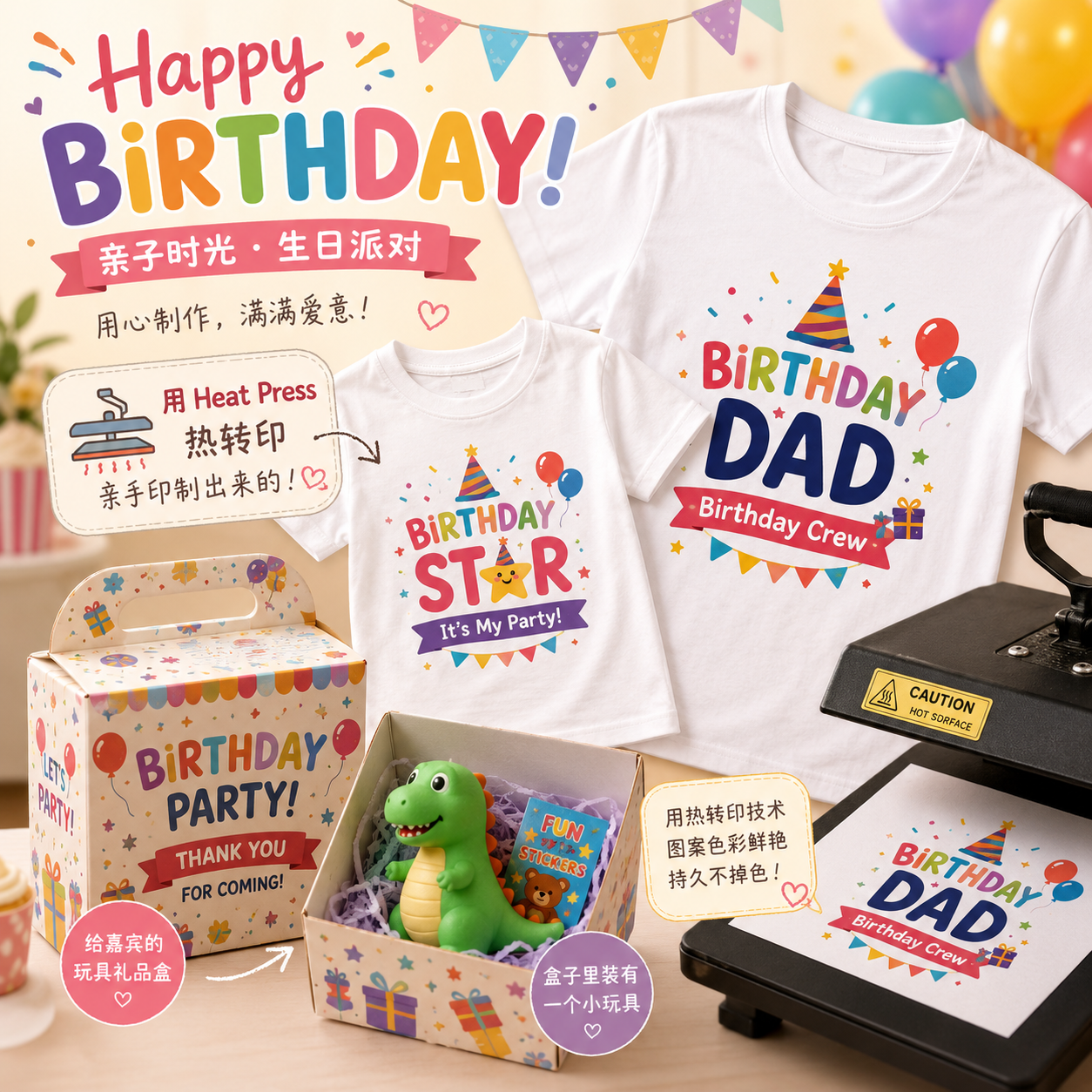 亲子生日会 Heat Press 主题 T 恤和玩具盒