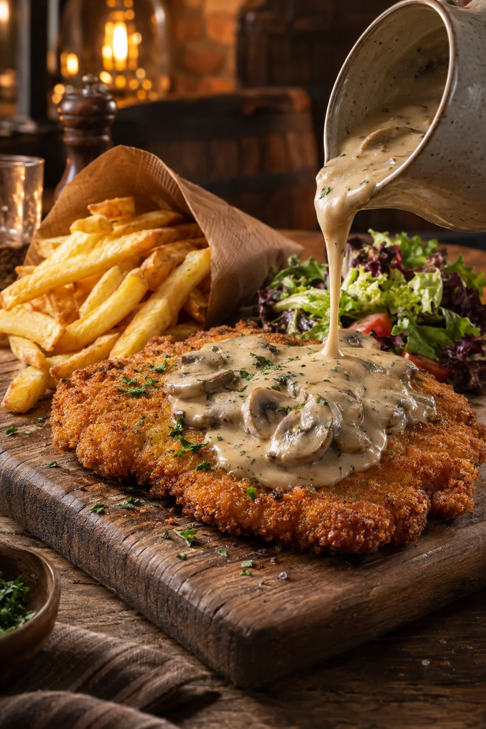 Paniertes Schnitzel mit Champignonrahmsauce und Pommes