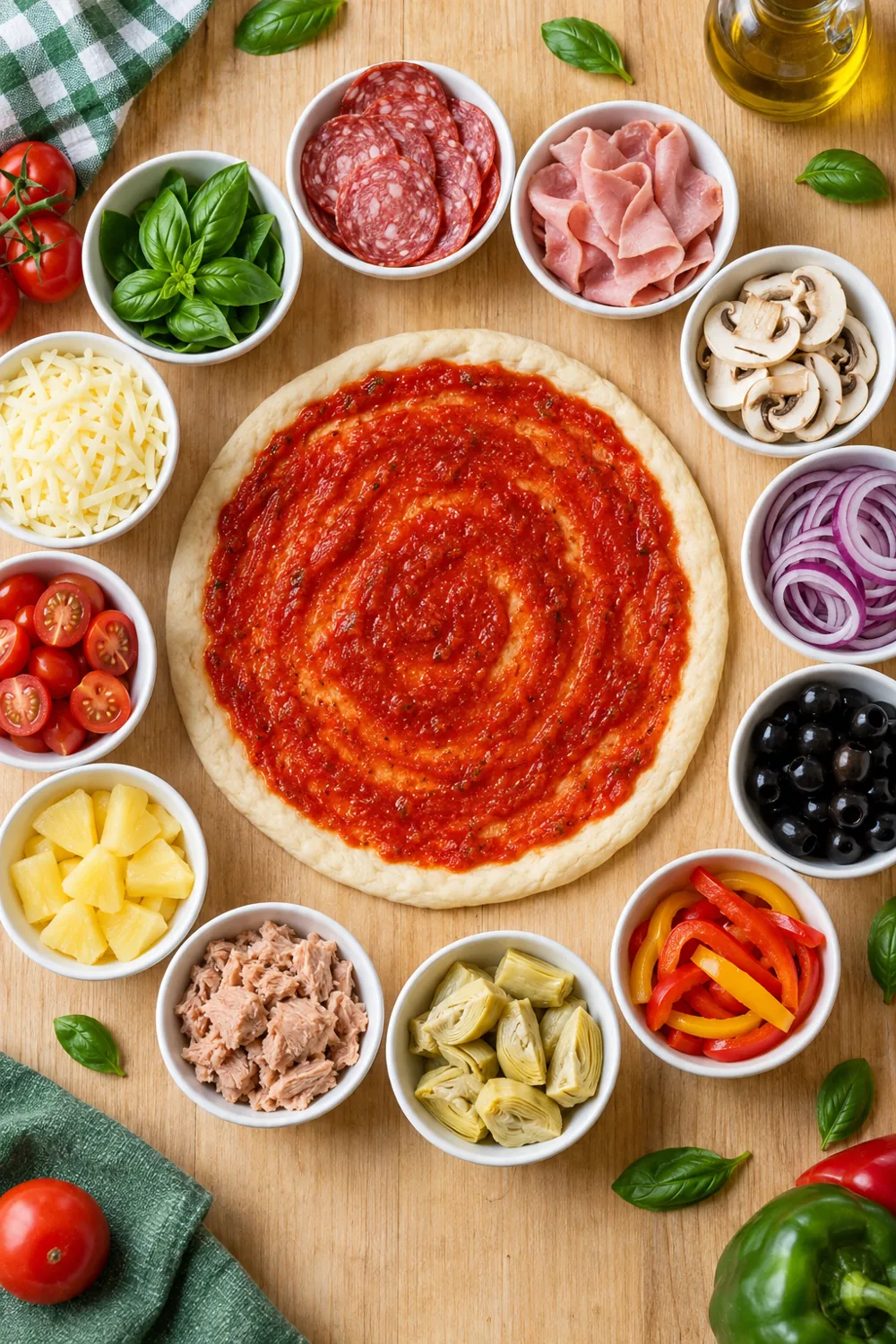 Pizzaboden mit Schälchen voller Beläge