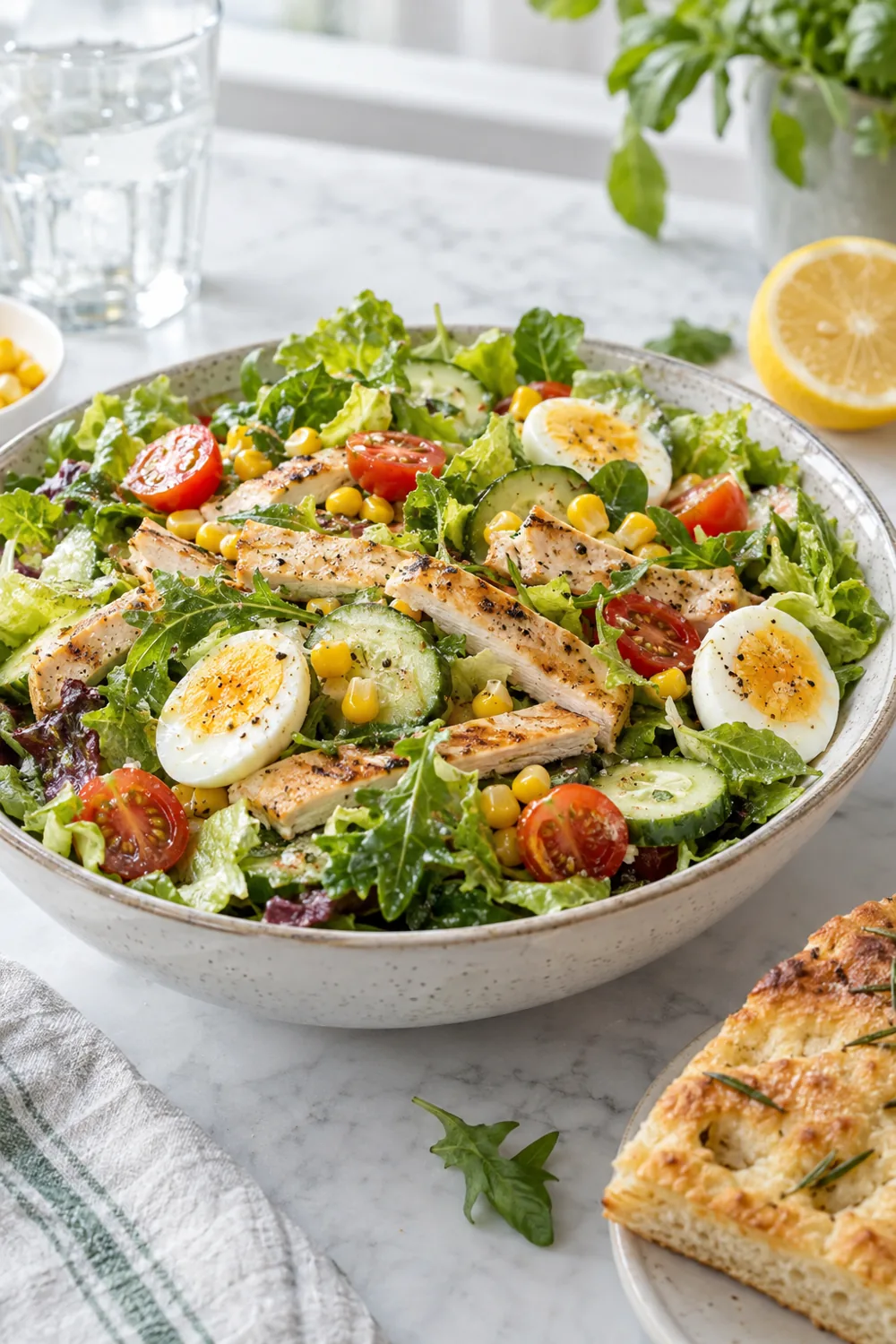Bunter Salat mit Putenbrust und Pizzabrot