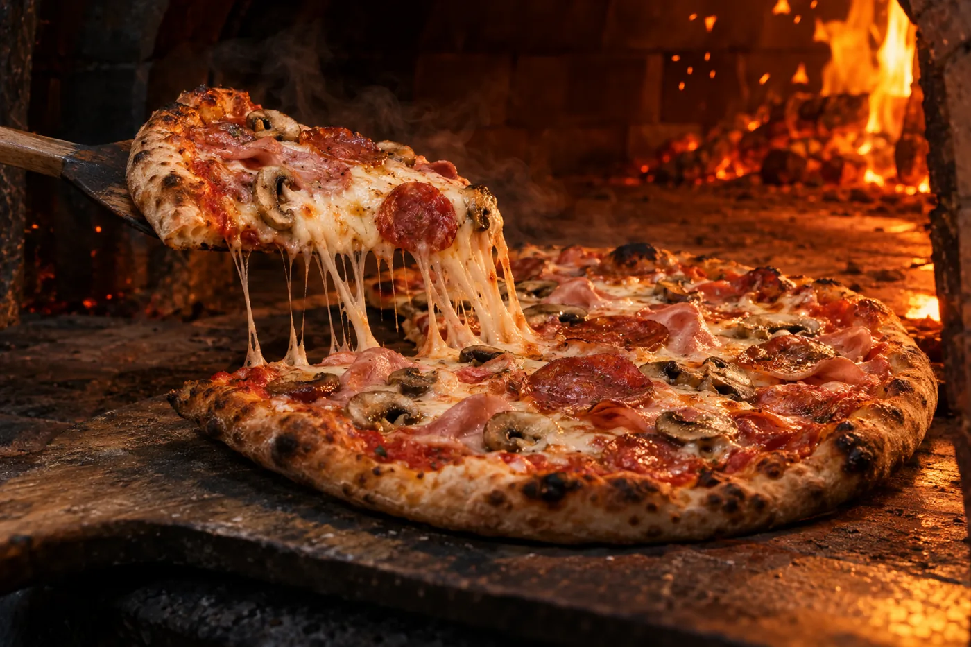 Pizza mit Salami, Schinken, Champignons und Peperoniwurst