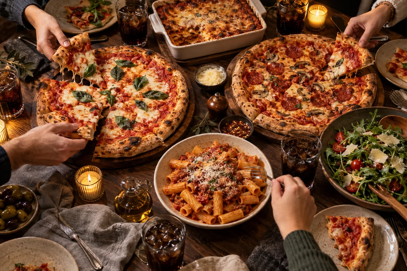 Gedeckter Tisch mit zwei Pizzen, Pasta und Salat