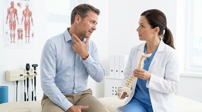 
office man talking to a chiropractor about his neck pain