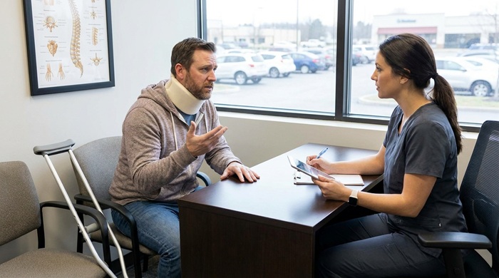 Man_talking_to_chiropractor_office_after-car-accident