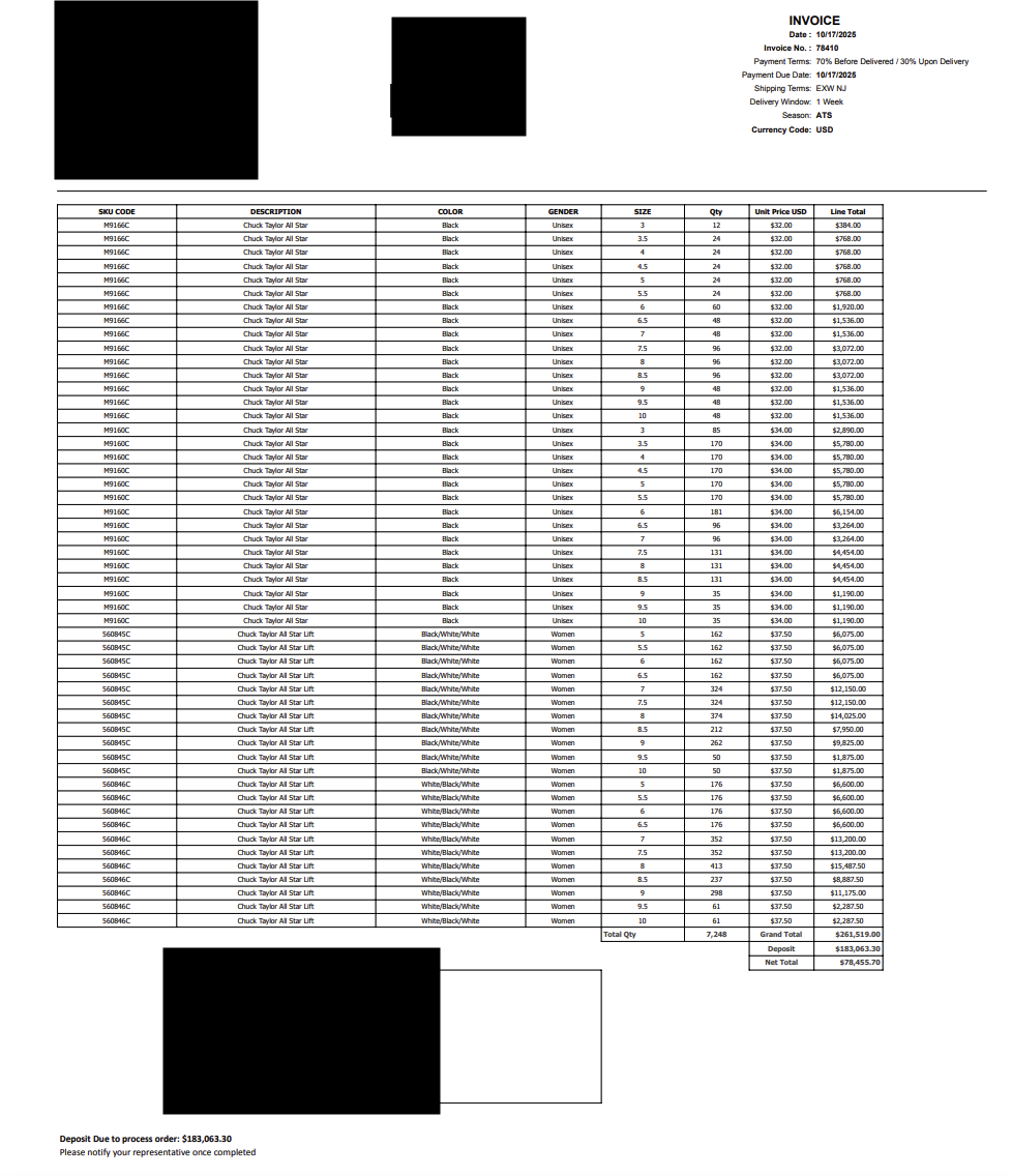 Converse bulk order invoice