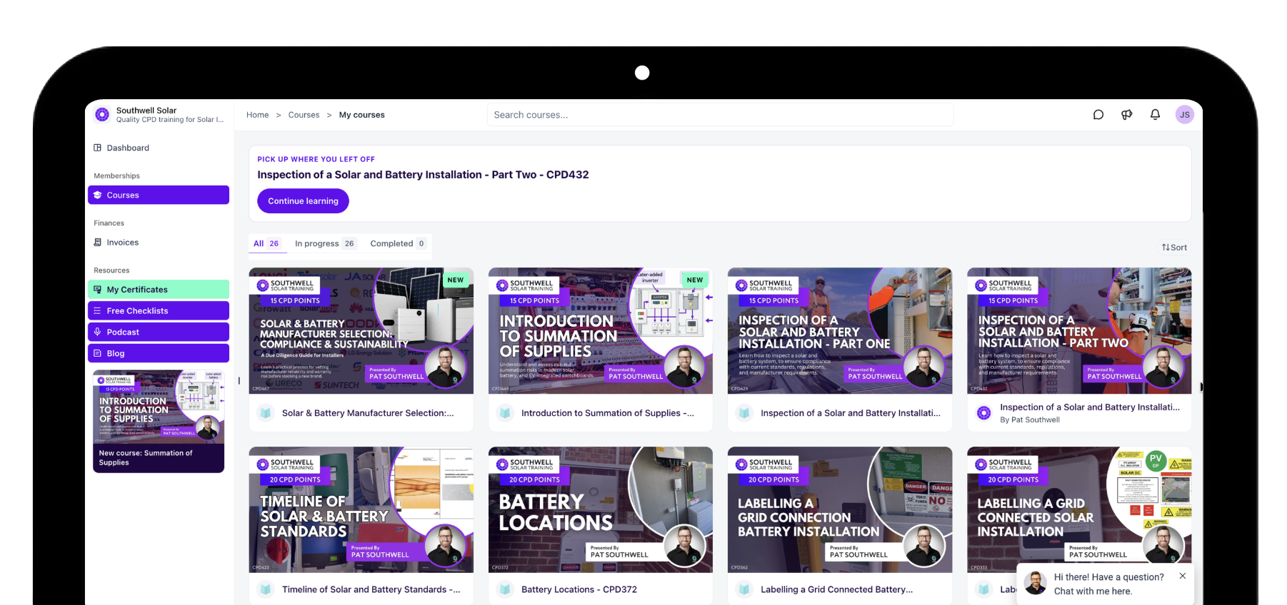 Your course dashboard on an iPad
