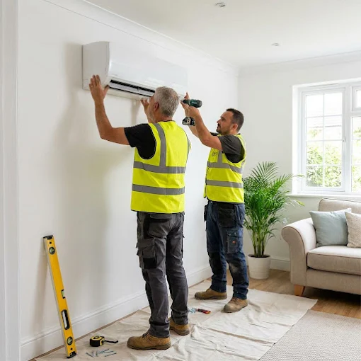 Thomas and Ledion fitting an indoor unit, with dust sheets down