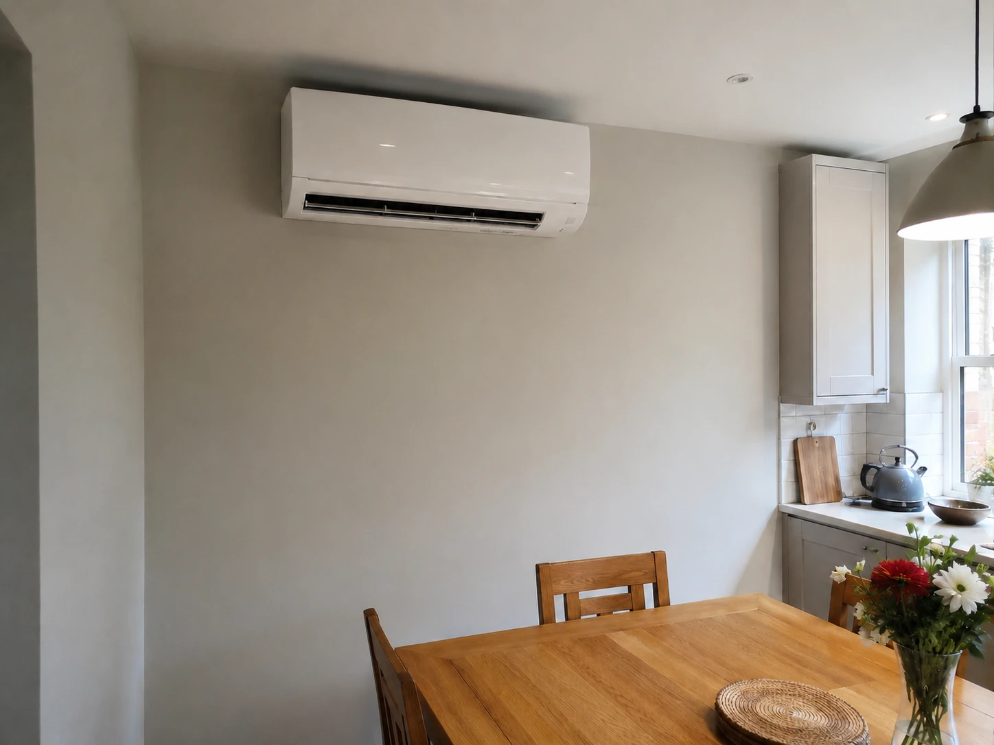 A wall unit above the dining table in an open-plan kitchen