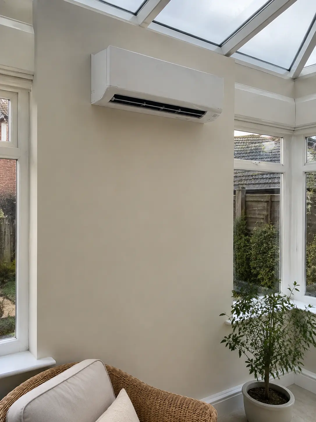 A wall unit fitted in a conservatory with a glass roof, looking out over the garden
