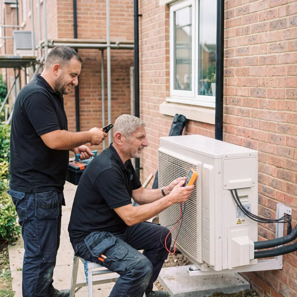 Thomas and Ledion commissioning an outdoor unit mounted on a wall bracket