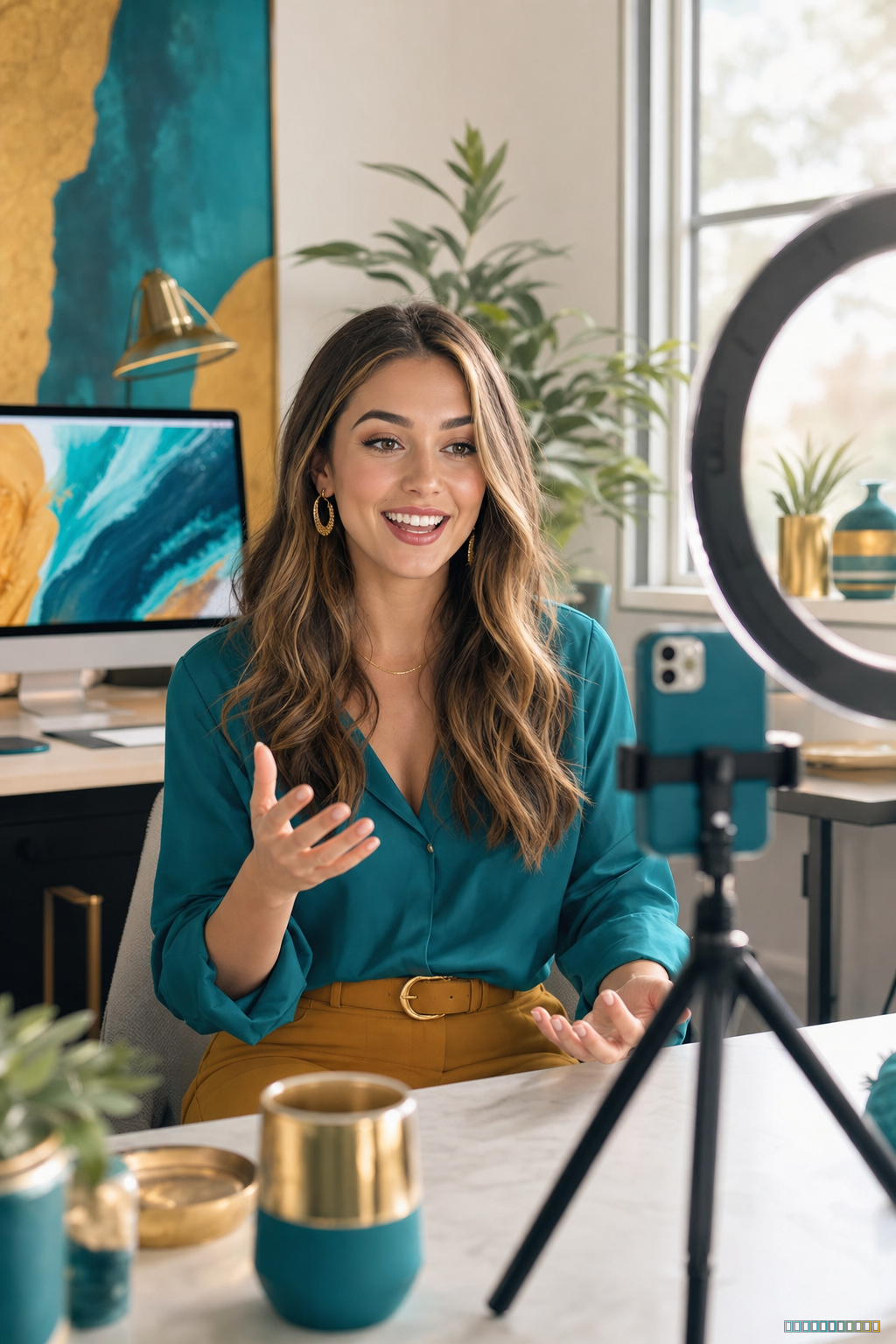 Creatorin nimmt mit Ringlicht und Smartphone ein Video auf