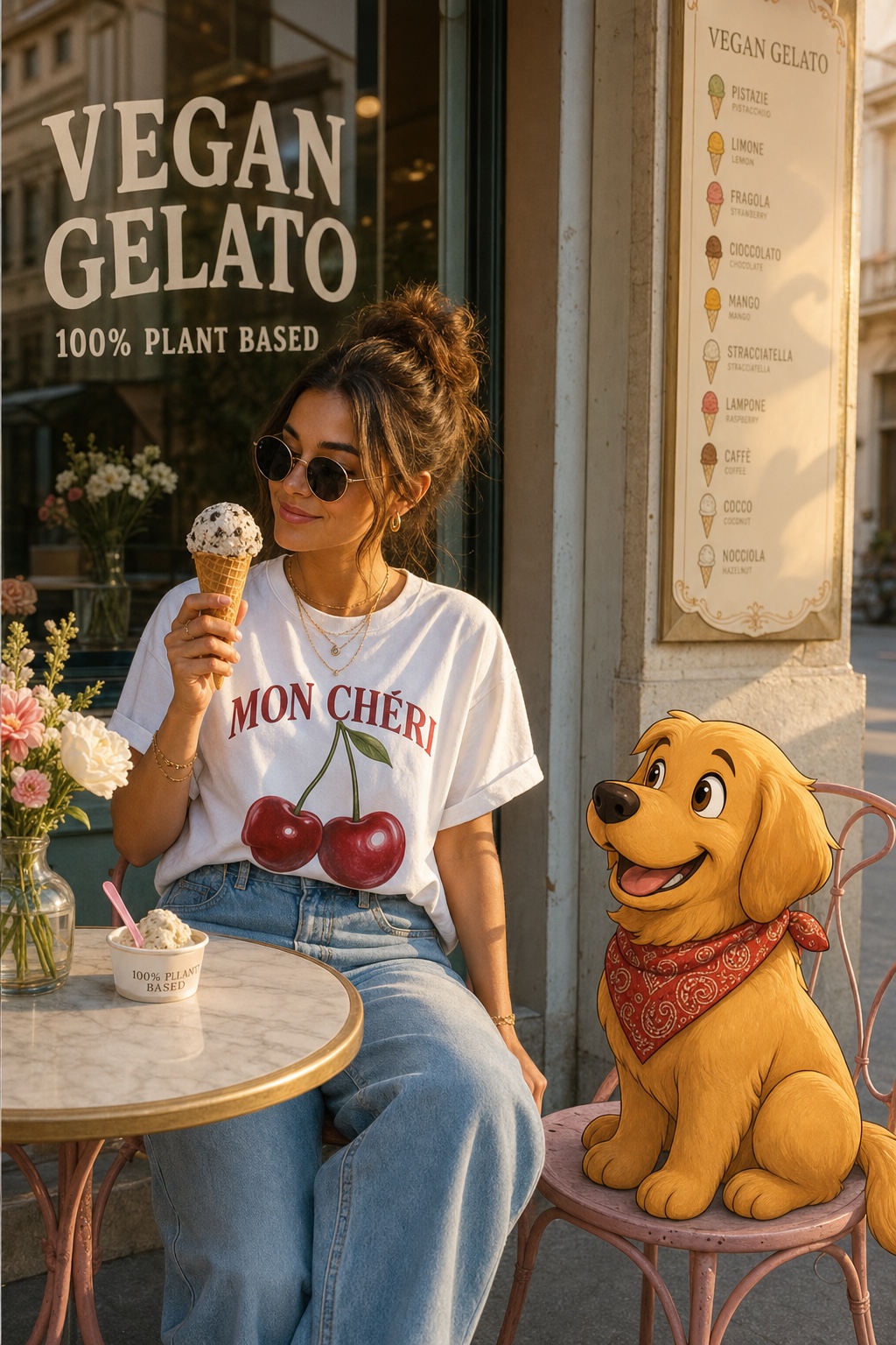 Cartoon Animal Bild - Golden Retriever vor Eisdiele