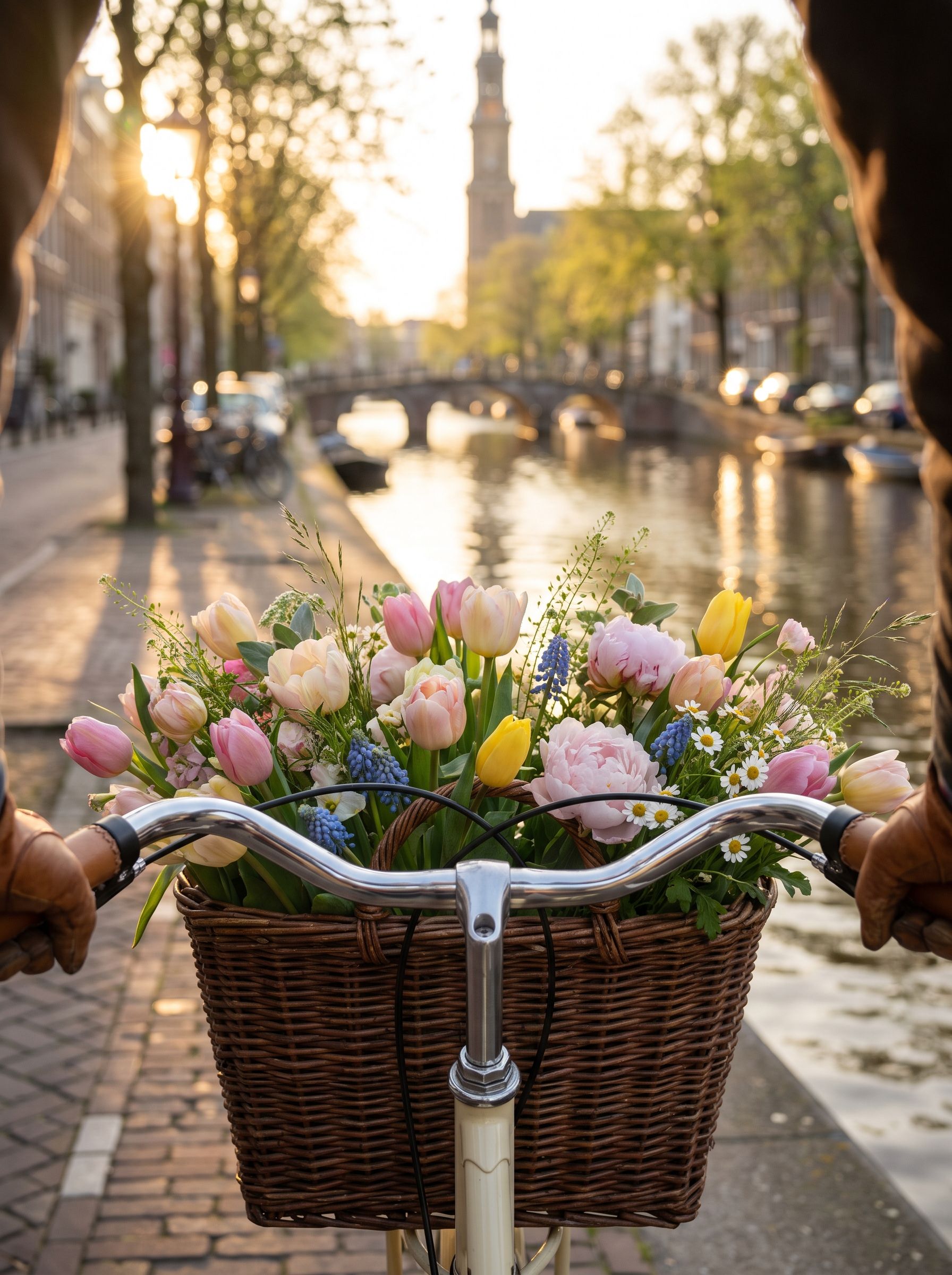 Around the World Bild - Fahrradkorb mit Tulpen an einer Amsterdamer Gracht