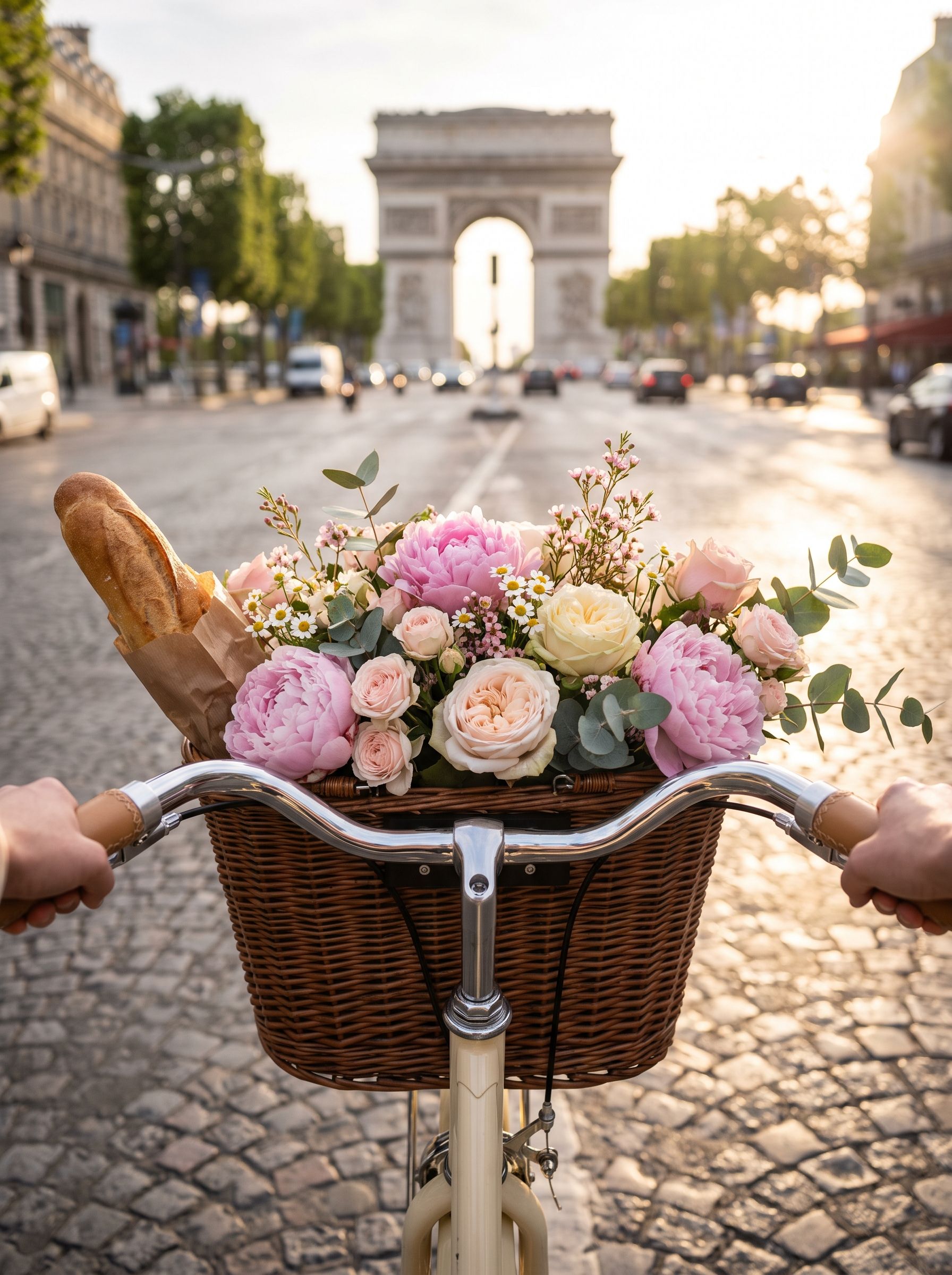 Around the World Bild - Fahrradkorb mit Pfingstrosen und Baguette vor dem Arc de Triomphe in Paris