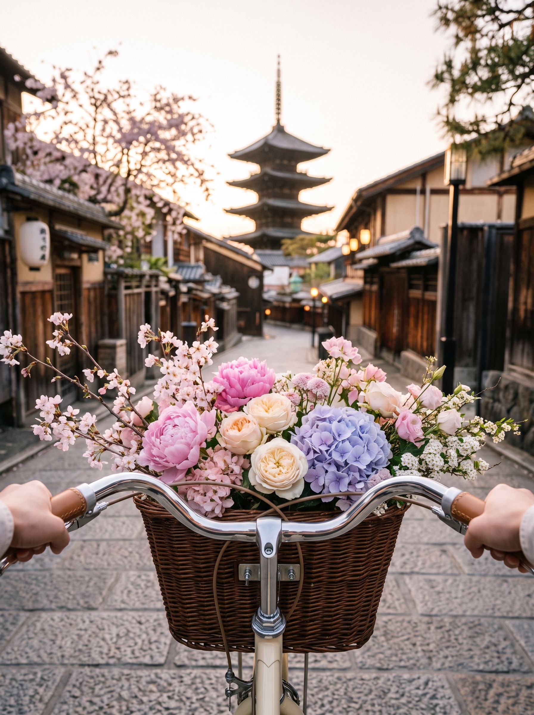 Around the World Bild - Fahrradkorb mit Kirschblüten vor der Yasaka-Pagode in Kyoto