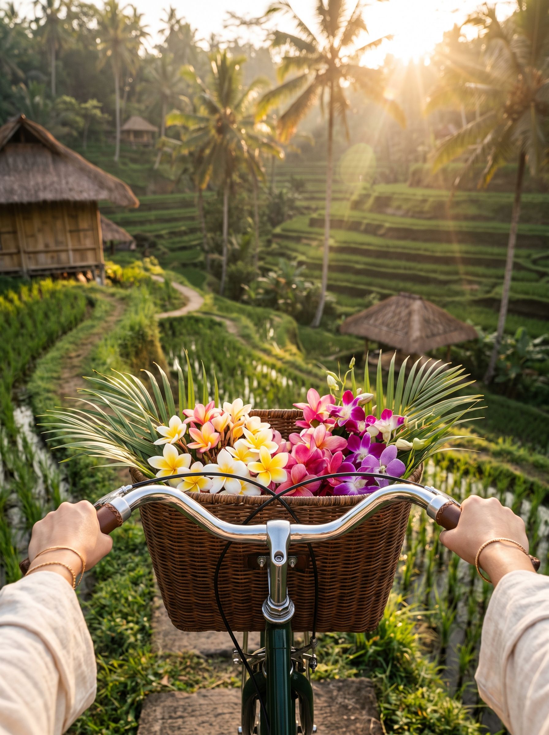 Around the World Bild - Fahrradkorb mit Frangipani und Orchideen in den Reisterrassen von Bali