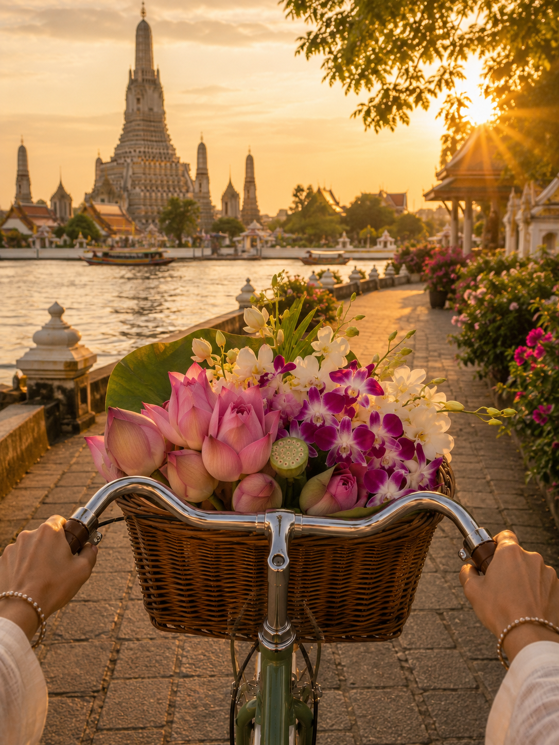 Around the World Bild - Fahrradkorb mit Lotusblueten vor dem Wat Arun in Bangkok