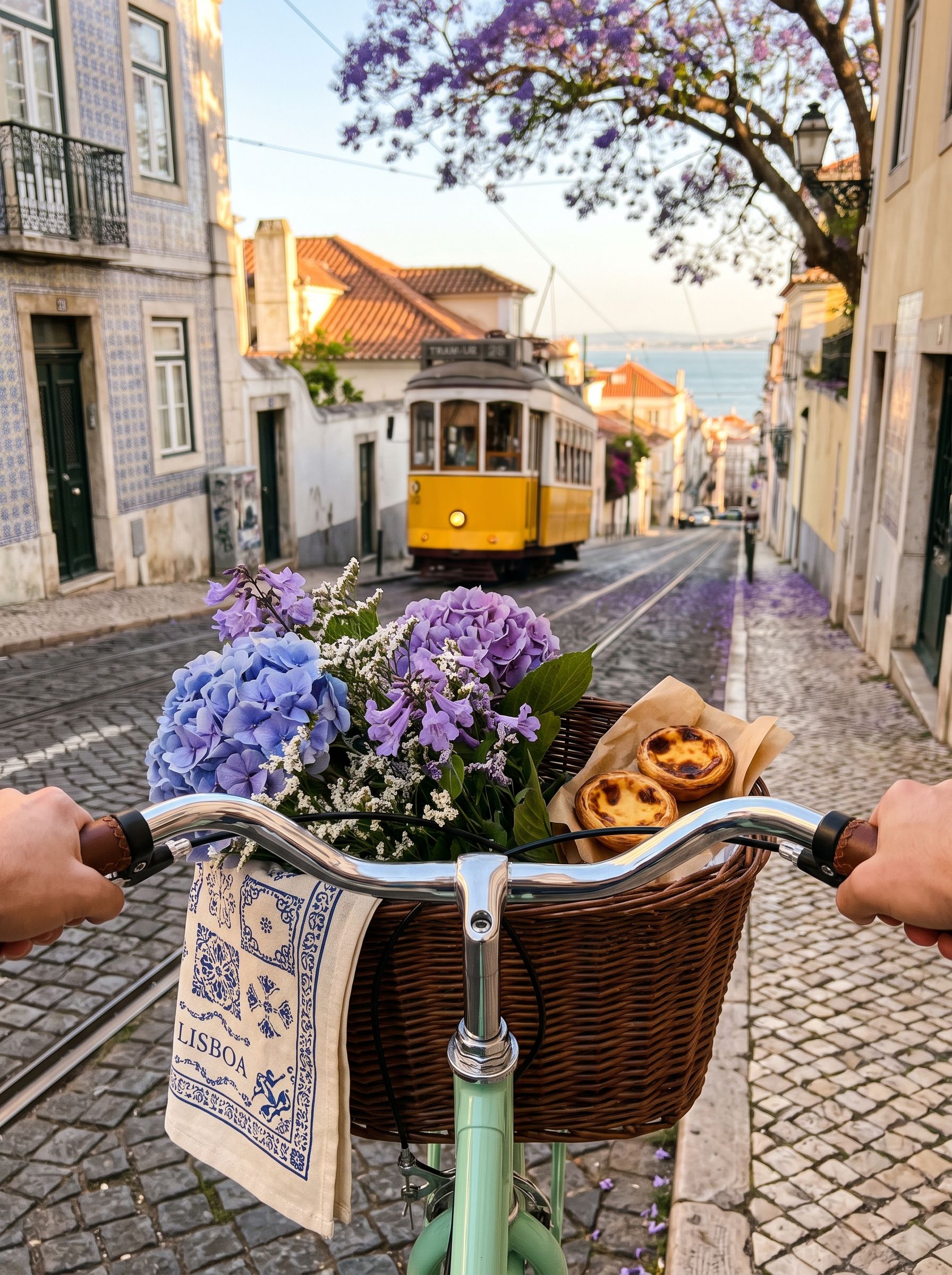 Around the World Bild - Fahrradkorb mit Hortensien und Pasteis de Nata vor der Tram 28 in Lissabon