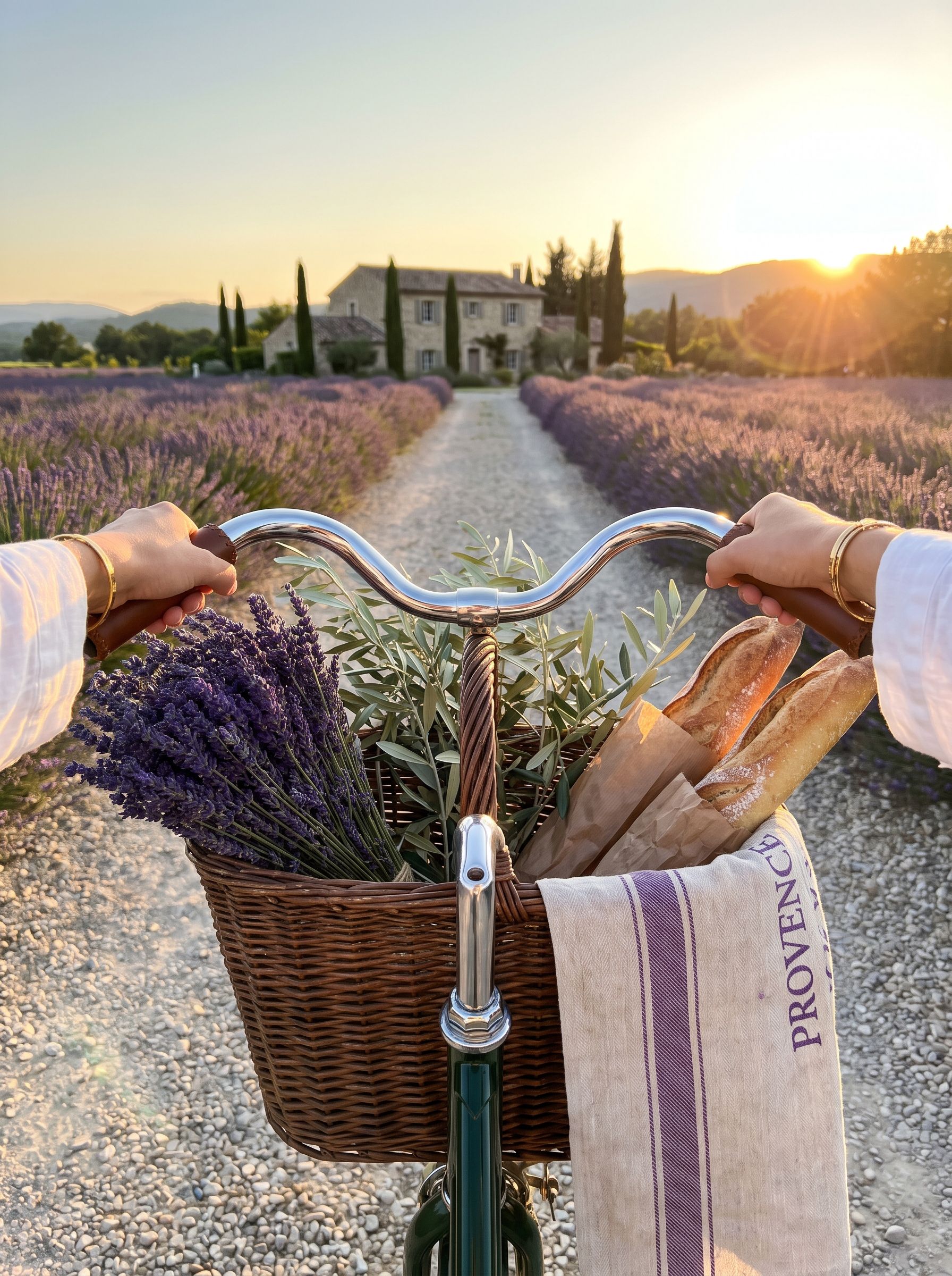 Around the World Bild - Fahrradkorb mit Lavendel und Baguettes in der Provence