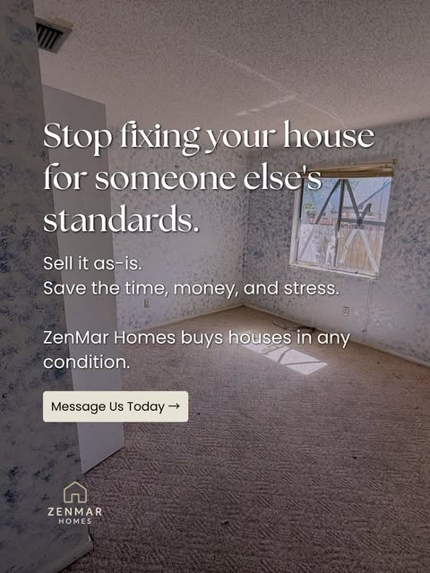 Empty bedroom with dated carpet and patched walls, bought as-is by ZenMar Homes