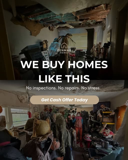Hoarded living room with ceiling damage in a Central Florida house ZenMar Homes bought as-is