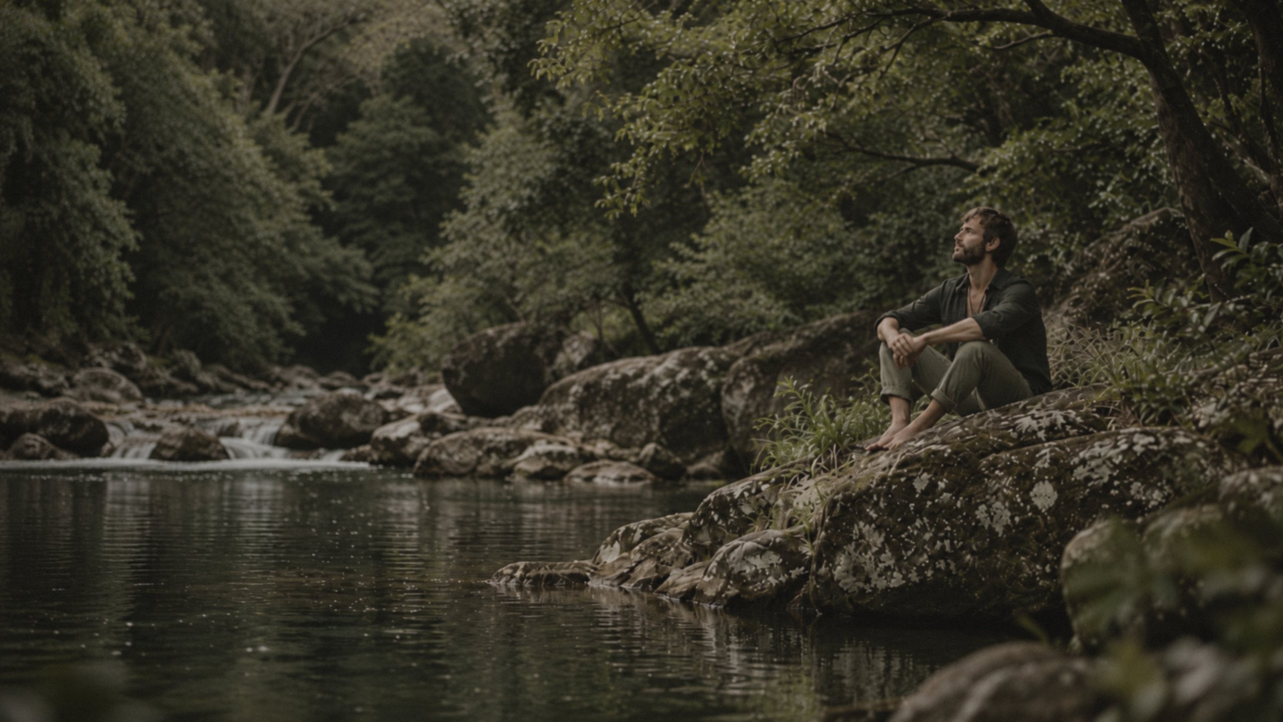 Marius Wenning sitting quietly on a rock beside a forest river