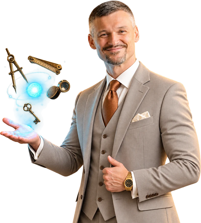 Artemus Huhn, founder, holding a set of brass instruments